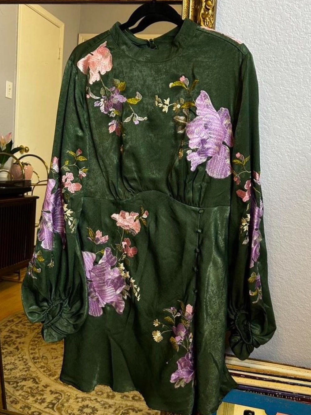 ASOS Green Satin Floral Long Sleeve Mini Dress